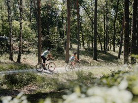 Zwei Personen, umgeben von Wald und Steinen, die mit ihren R&auml;dern durch die Natur fahren
