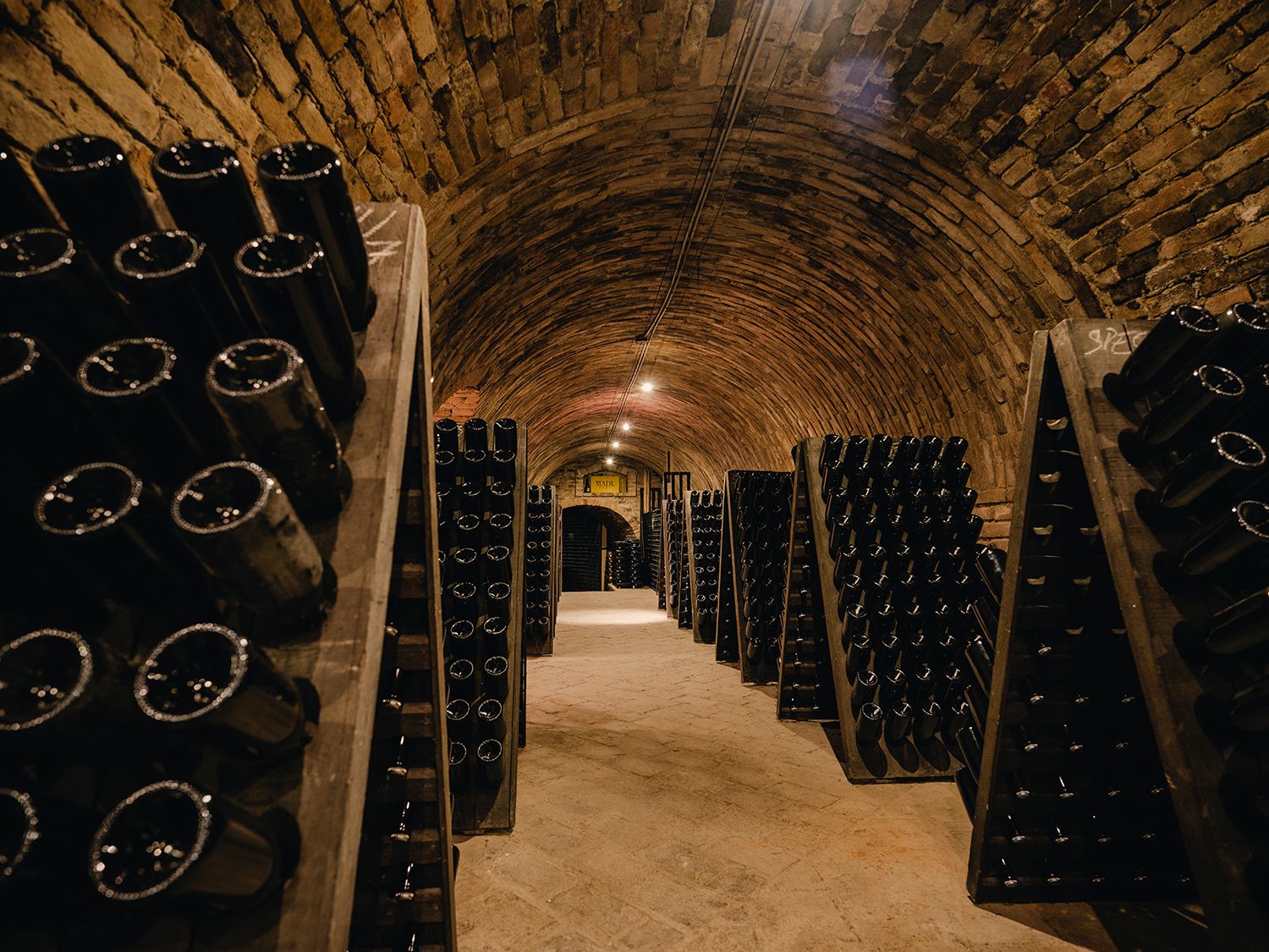 Ein Sektkeller mit Flaschen in Holzgestellen unter einem gewölbten Backsteindach.