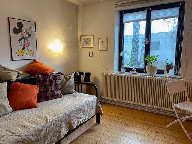 Gemütliches Zimmer mit Tagesbett, bunten Kissen, Pflanzen auf der Fensterbank und Mickey Mouse Poster an der Wand.