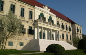 Schloss Loosdorf mit klassizistischer Fassade und Treppe, umgeben von gepflegtem Garten.