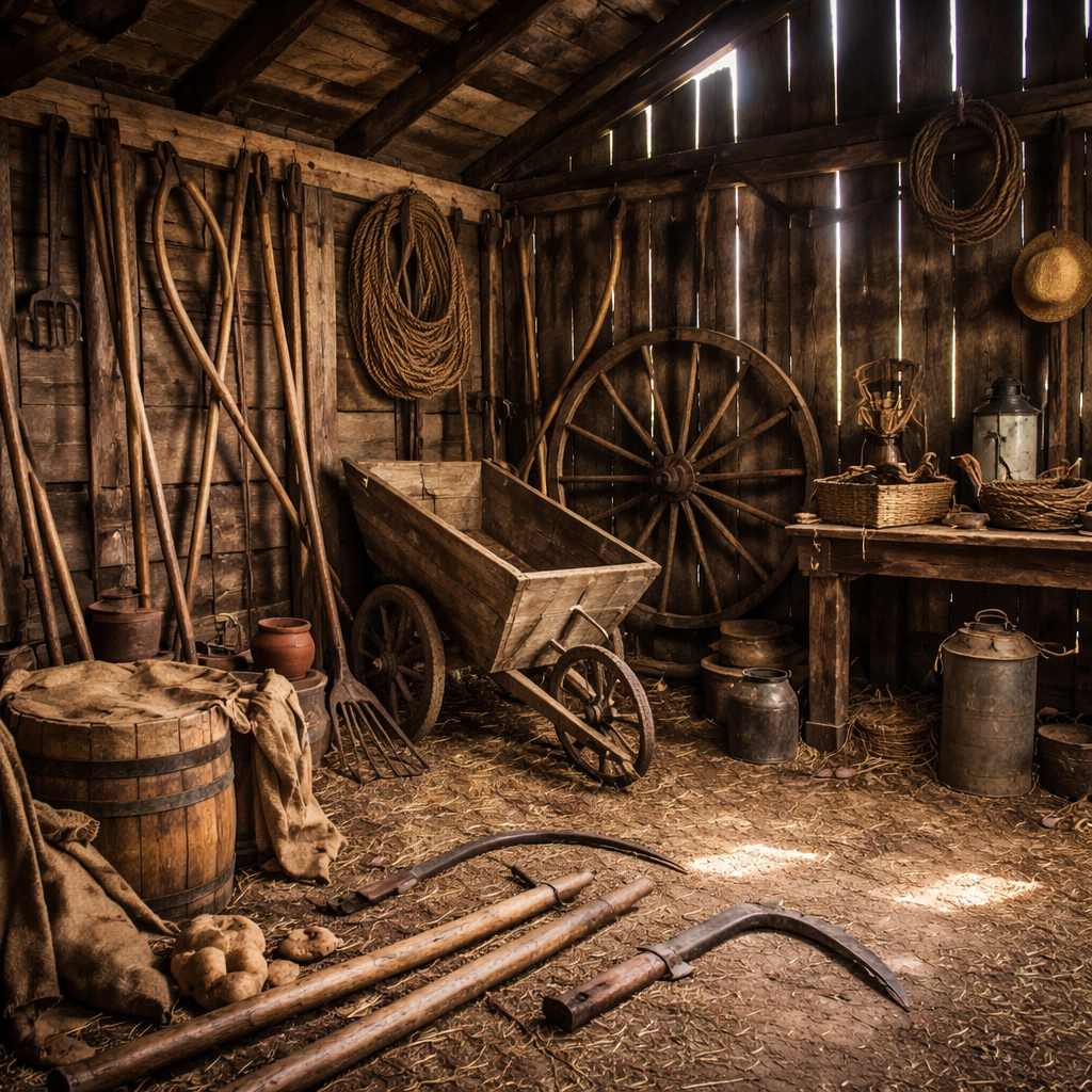 Innenansicht einer alten Scheune mit verschiedenen landwirtschaftlichen Werkzeugen wie Sensen, Rechen und einem Holzkarren.