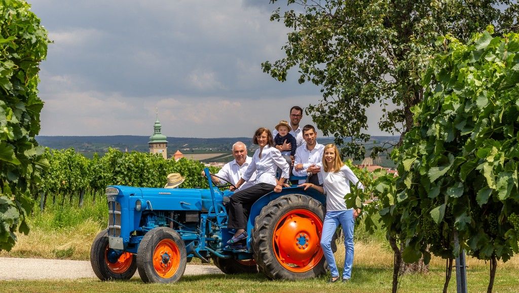 A group of people on a blue tractor in a vineyard.