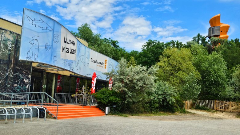Entrance to the Fossil World with a large banner and trees in the background.