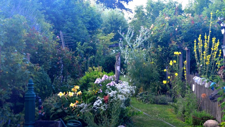 Ein üppiger Garten mit verschiedenen Blumen und Büschen, einem grünen Wasserhahn und einer Gießkanne im Vordergrund.