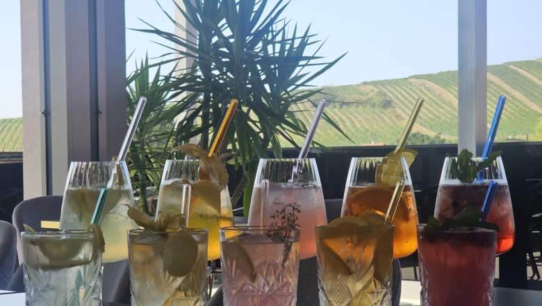 Verschiedene bunte Cocktails auf einem Tisch mit Blick auf Weinberge.