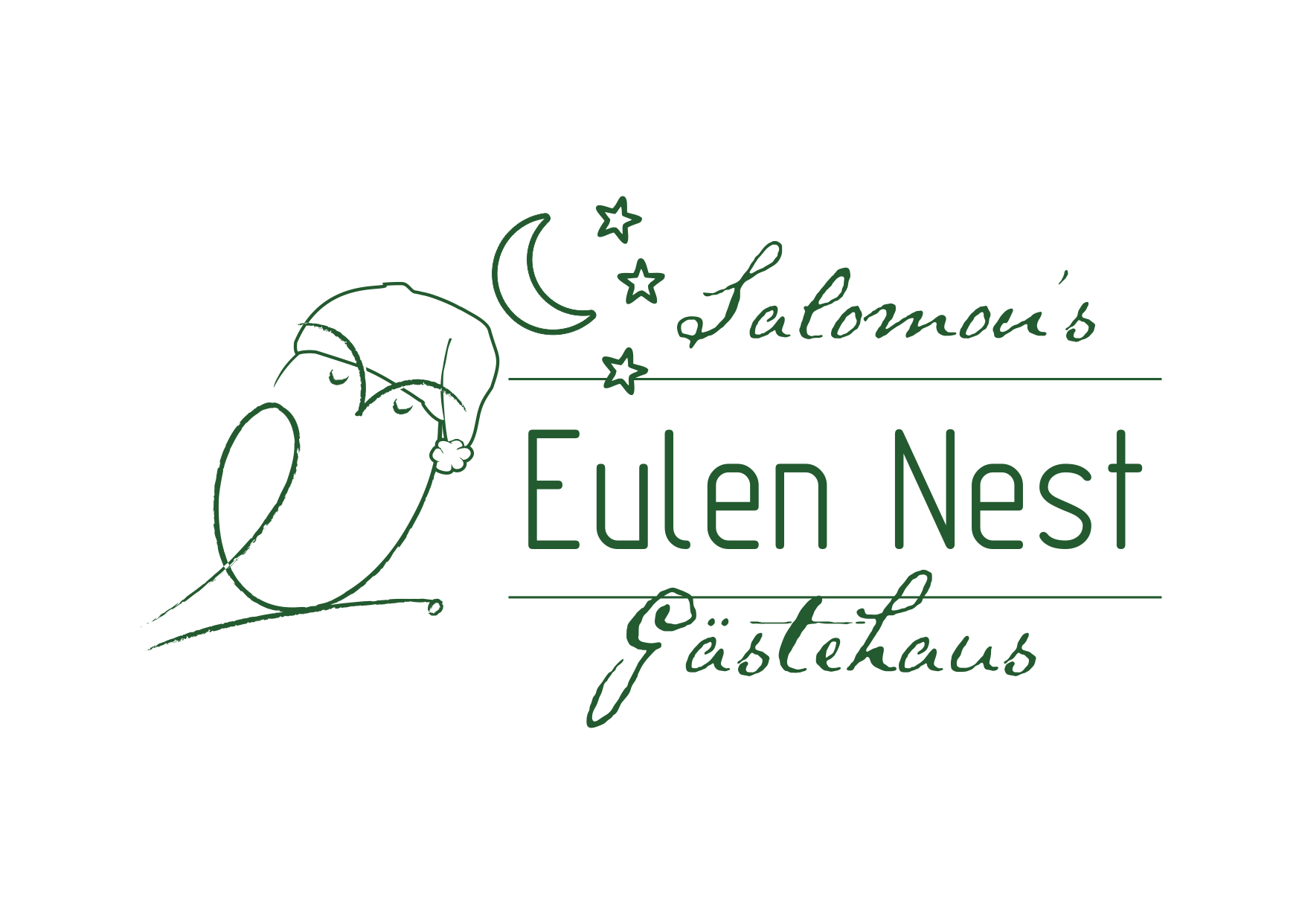 Logo des Eulen Nest Gästehauses mit einer schlafenden Eule, Mond und Sternen.