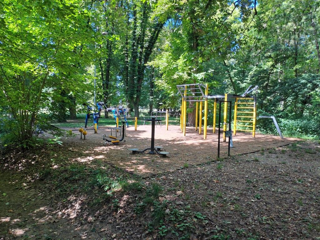 Calisthenics-Park im Wald mit verschiedenen Fitnessgeräten.