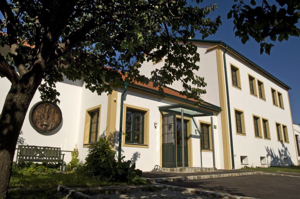 Weingut mit weißer Fassade und grünen Fensterrahmen, umgeben von Bäumen.