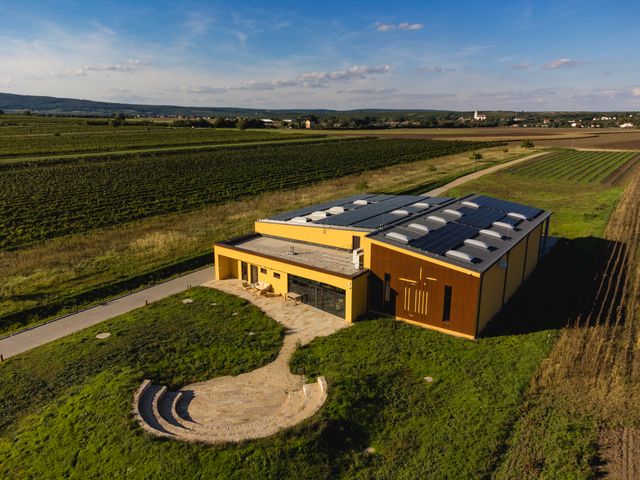 Aerial view of a modern winery with solar panels, surrounded by vineyards and fields.