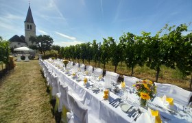 Lange Tafel im Freien neben Weinreben, gedeckt mit weißen Tischdecken und gelben Servietten, im Hintergrund eine Kirche.