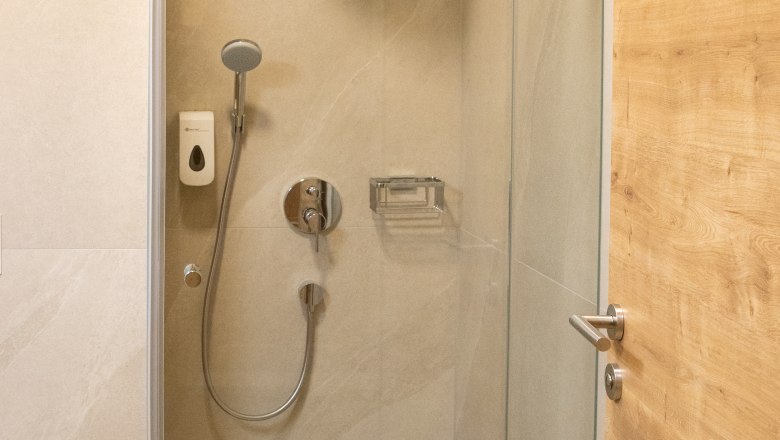 Modernes Badezimmer mit Glasdusche, Duschkopf und Holzdetails.