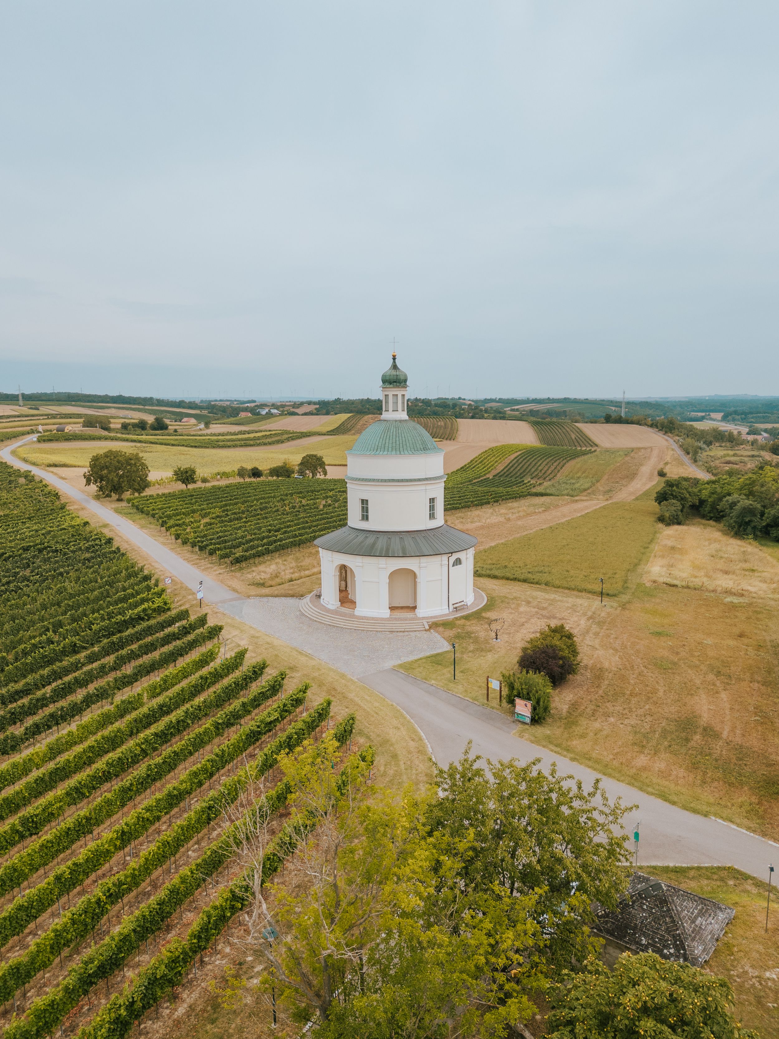 Luftaufnahme der Rochuskapelle am Rochusberg in Mannersdorf, umgeben von Weinbergen und Feldern.