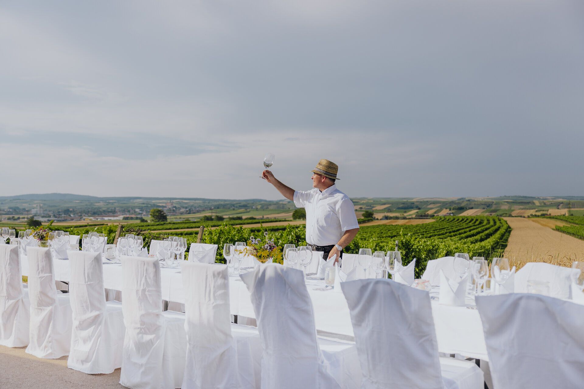 Inmitten der sanften Hügel des Weinviertels erhebt sich eine festlich gedeckte Tafel, die zum Genießen einlädt. Ein Gast hebt sein Glas, um auf die köstlichen Weine und die kulinarischen Köstlichkeiten anzustoßen, während die malerische Landschaft im Hintergrund für eine unvergessliche Atmosphäre sorgt.