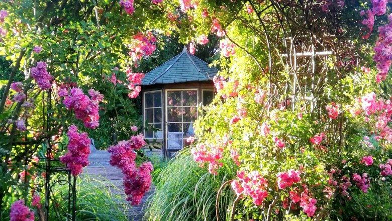 Ein Garten mit bl&uuml;henden rosa Blumen und einem Pavillon im Hintergrund.