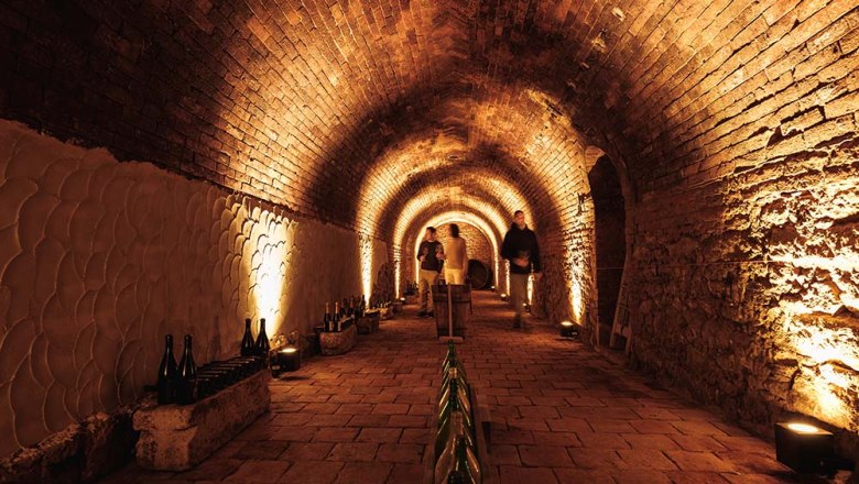 An illuminated vaulted cellar with wine bottles and two people in the background.