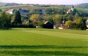 Grüne Wiesen mit Dorf und Kirche im Hintergrund.