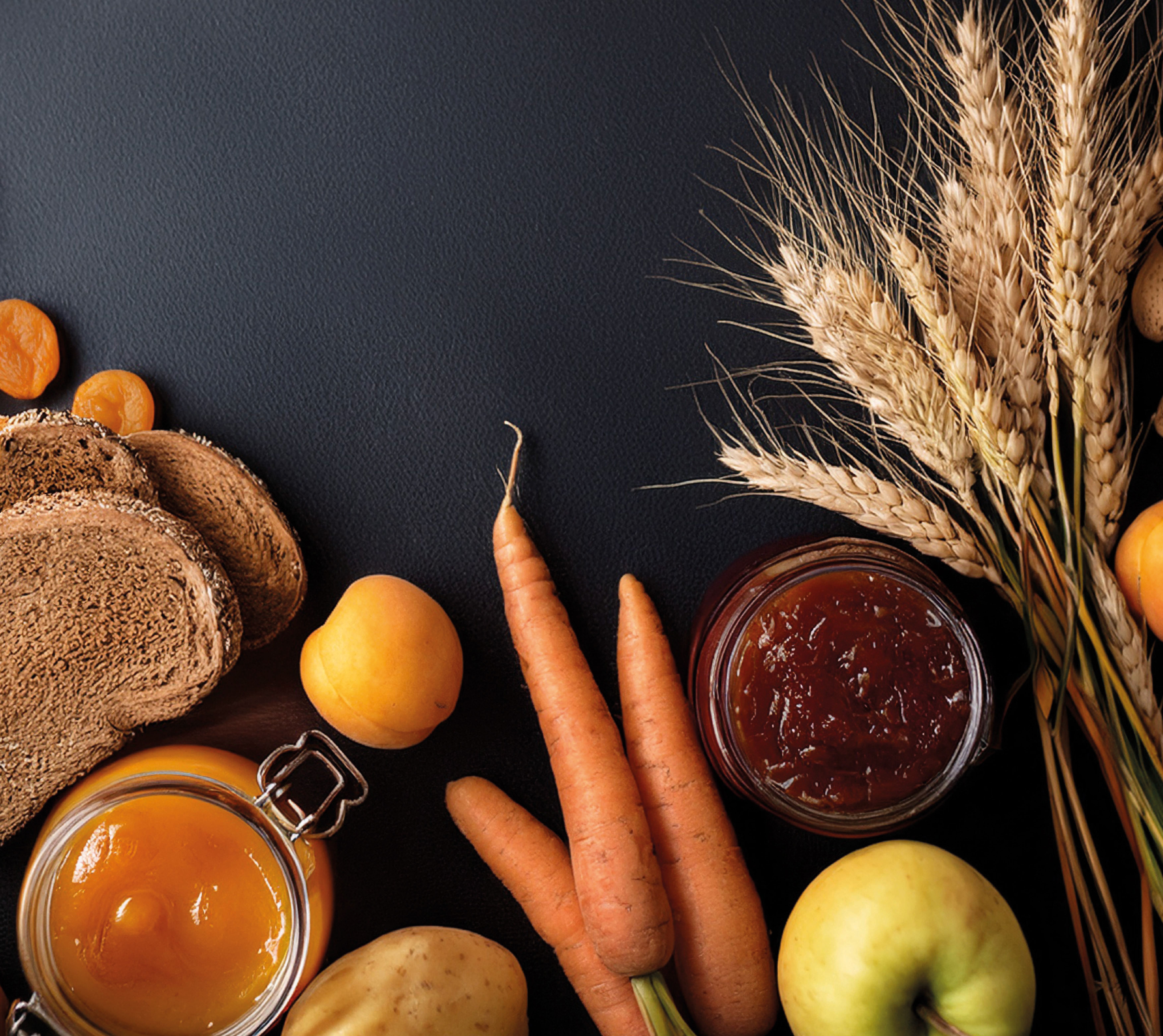 Regionale Produkte, wie Karotten, Brot, Marmelade, Äpfel und Getreide liegen auf dunklem Hintergrund.