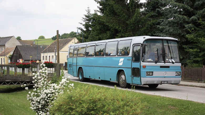 Ein blauer Bus fährt durch ein Dorf mit Blumen und Bäumen im Hintergrund.