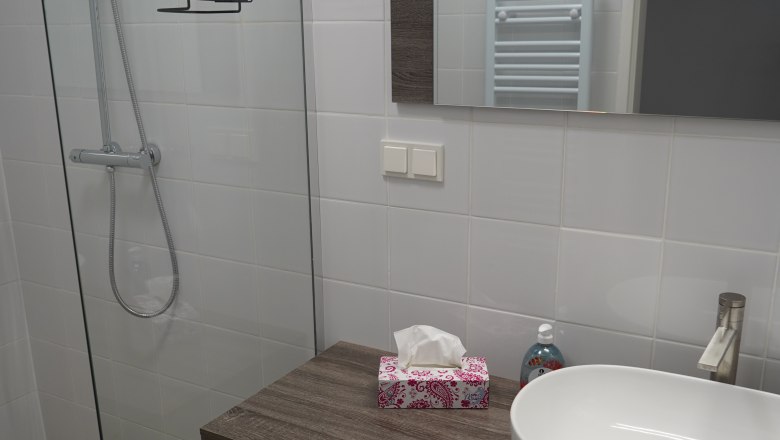 Modernes Badezimmer mit Glasdusche, Waschbecken und Spiegel.