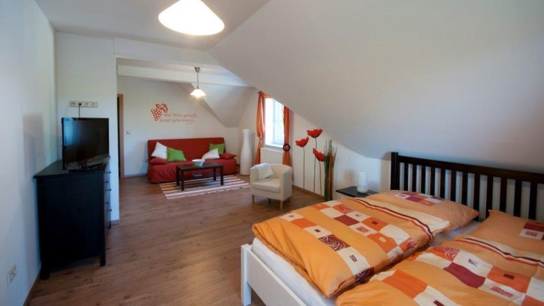 Gemütliches Gästezimmer mit Doppelbett, Sofa, Fernseher und dekorativen Elementen.