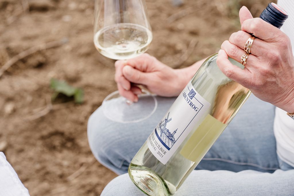 Person hält eine Flasche Weißwein und ein Weinglas in der Hand.
