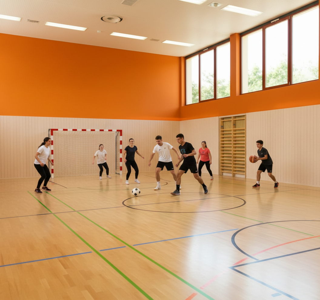 Lidé hrají fotbal a basketbal v tělocvičně.