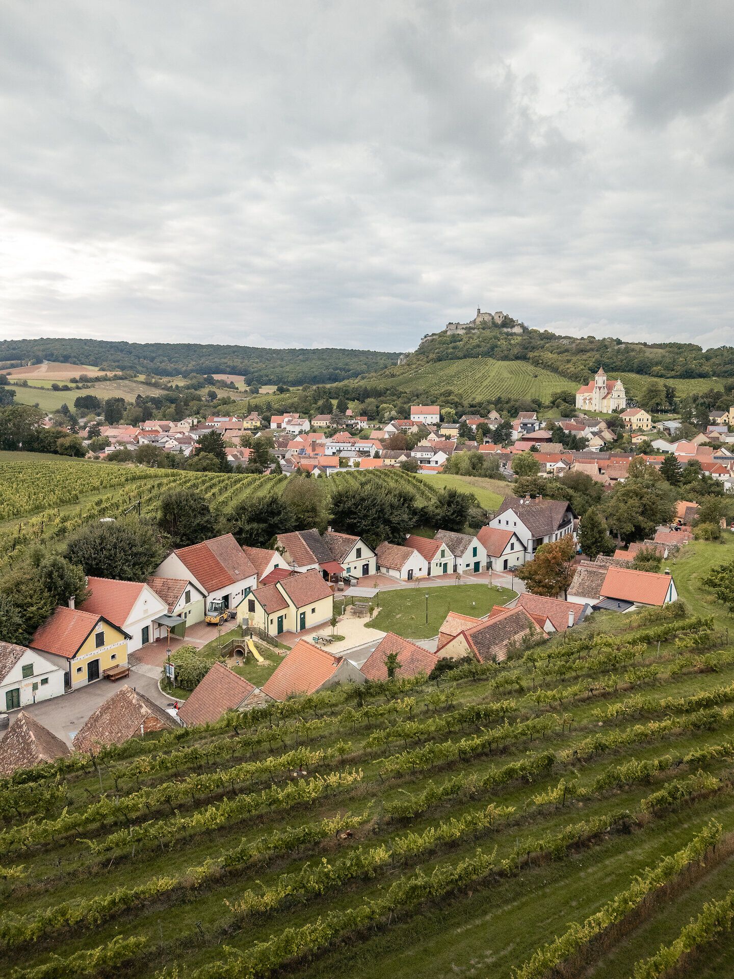 Presshäuser reihen sich zu einer Kellergasse aneinander. Eingebettet ist die Kellergasse in Weingärten, die sich im Hintergrund über die sanften Hügel erstrecken. Eine majestätische Burgruine thront über dem Ort und der Kellergasse.