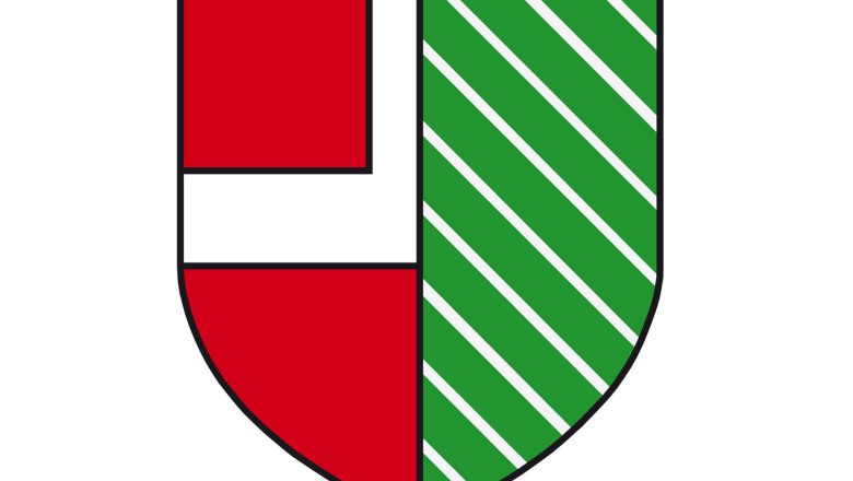 Ein Wappen mit rotem und grünem Hintergrund, getrennt durch eine weiße Linie. Links ein rotes Feld mit weißem Balken, rechts grüne Diagonalstreifen.