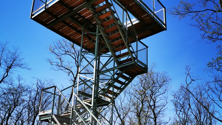 Metallturm mit Treppe in einem Waldgebiet unter blauem Himmel.