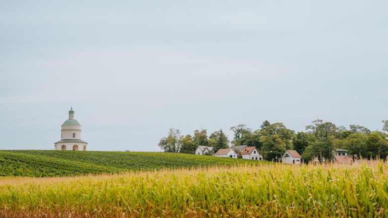 Landschaft mit einem runden Geb&auml;ude und mehreren kleinen H&auml;usern am Waldrand.